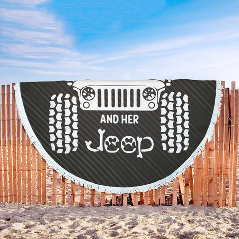A Girl Her Dog And Her Jeep Beach Blanket