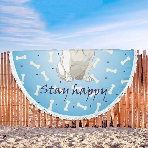 Stay Happy Blue Bones French Bulldog Beach Blanket